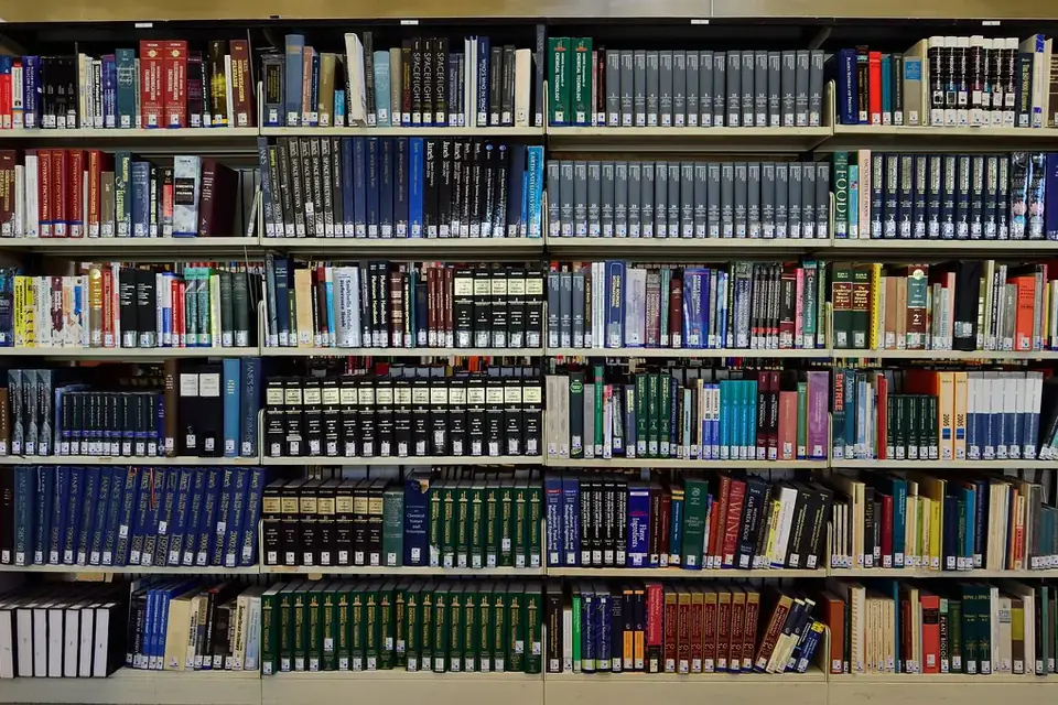 Library shelves filled with books arranged in rows